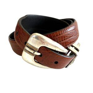 Tulliani Men's Dress Belt Cognac Brown Italian Calfskin Leather Lizard Embossed